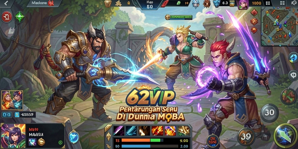 Tampilan layar permainan MOBA yang mendebarkan dan dinamis.