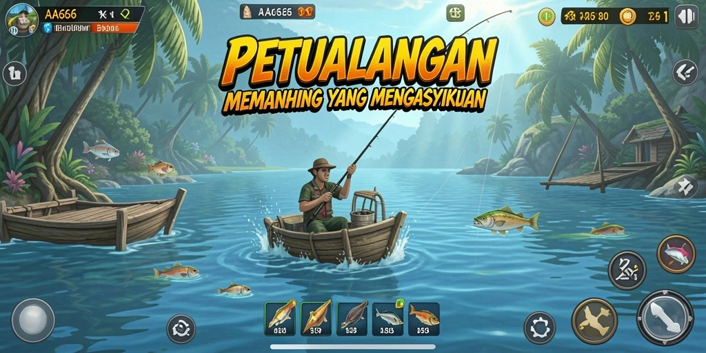 Tampilan gameplay AA666 yang menarik saat memancing di danau.