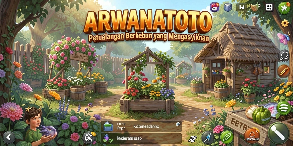 Tampilan gameplay ARWANATOTO dengan kebun yang indah dan hewan ternak.