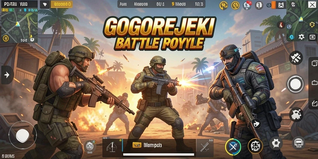 Tampilan layar permainan <strong>GOGOREJEKI</strong> memperlihatkan pertempuran seru dalam dunia Battle Royale.
