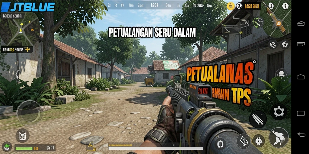 Screenshot menunjukkan aksi tembak-menembak yang mendebarkan dalam JTBLUE.