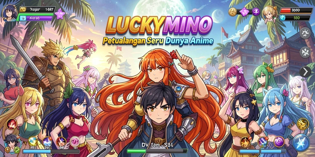 Screenshot LUCKYMINO menampilkan aksi seru dengan karakter anime.