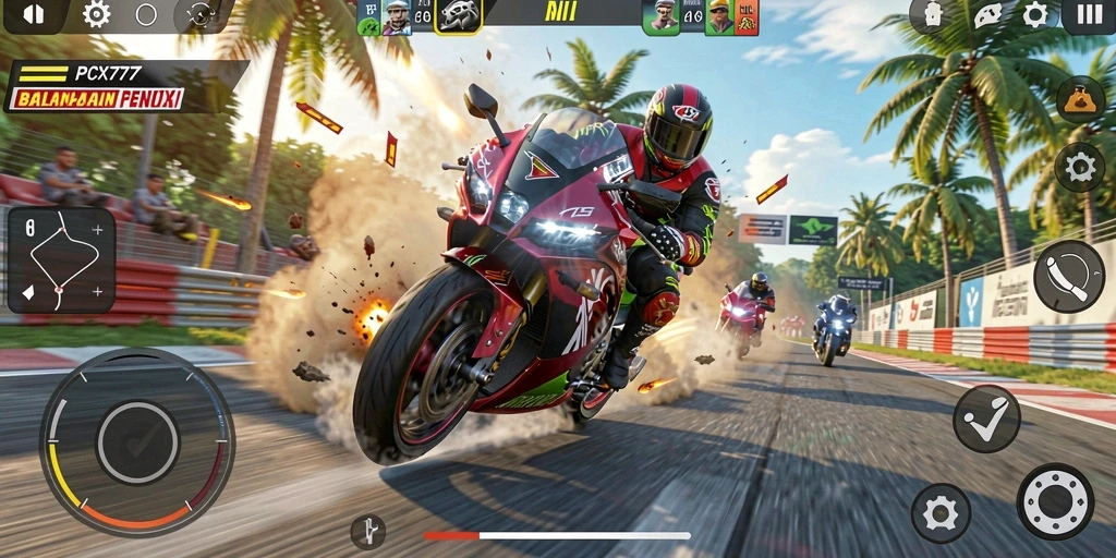 Screenshot gameplay PCX777 menampilkan balapan motor yang mendebarkan.
