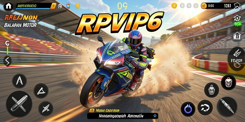 Tangkapan layar RPVIP6 menampilkan aksi balapan motor yang intens dan mendebarkan.