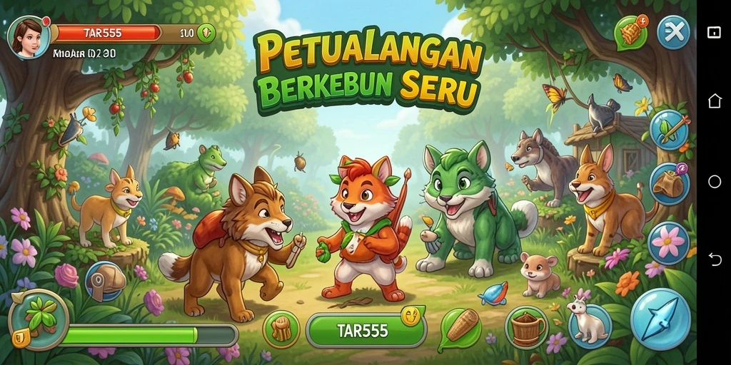 Screenshot gameplay TAR555 menunjukkan ladang yang subur dan aktivitas berkebun.