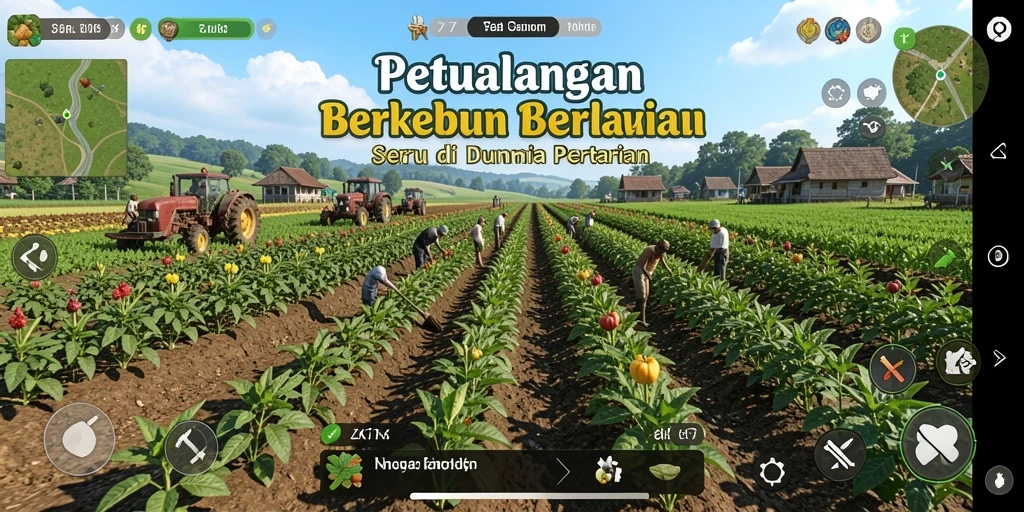 Screenshot gameplay ZK7 menampilkan kebun yang subur dan hewan ternak.